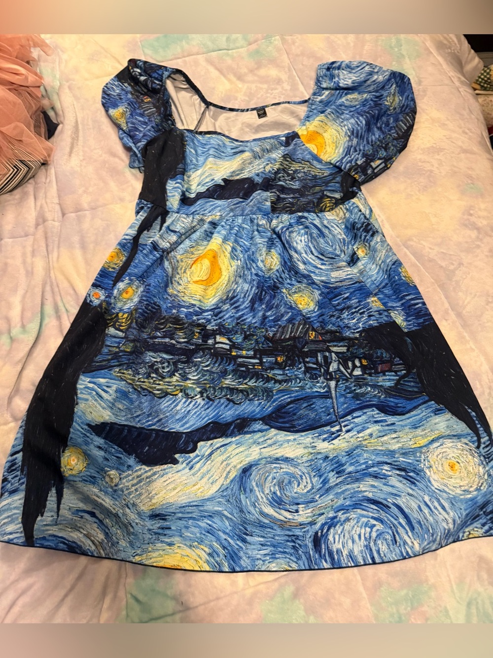 SHEIN Blue & Yellow Starry Night Print Square Neck Mini Dress